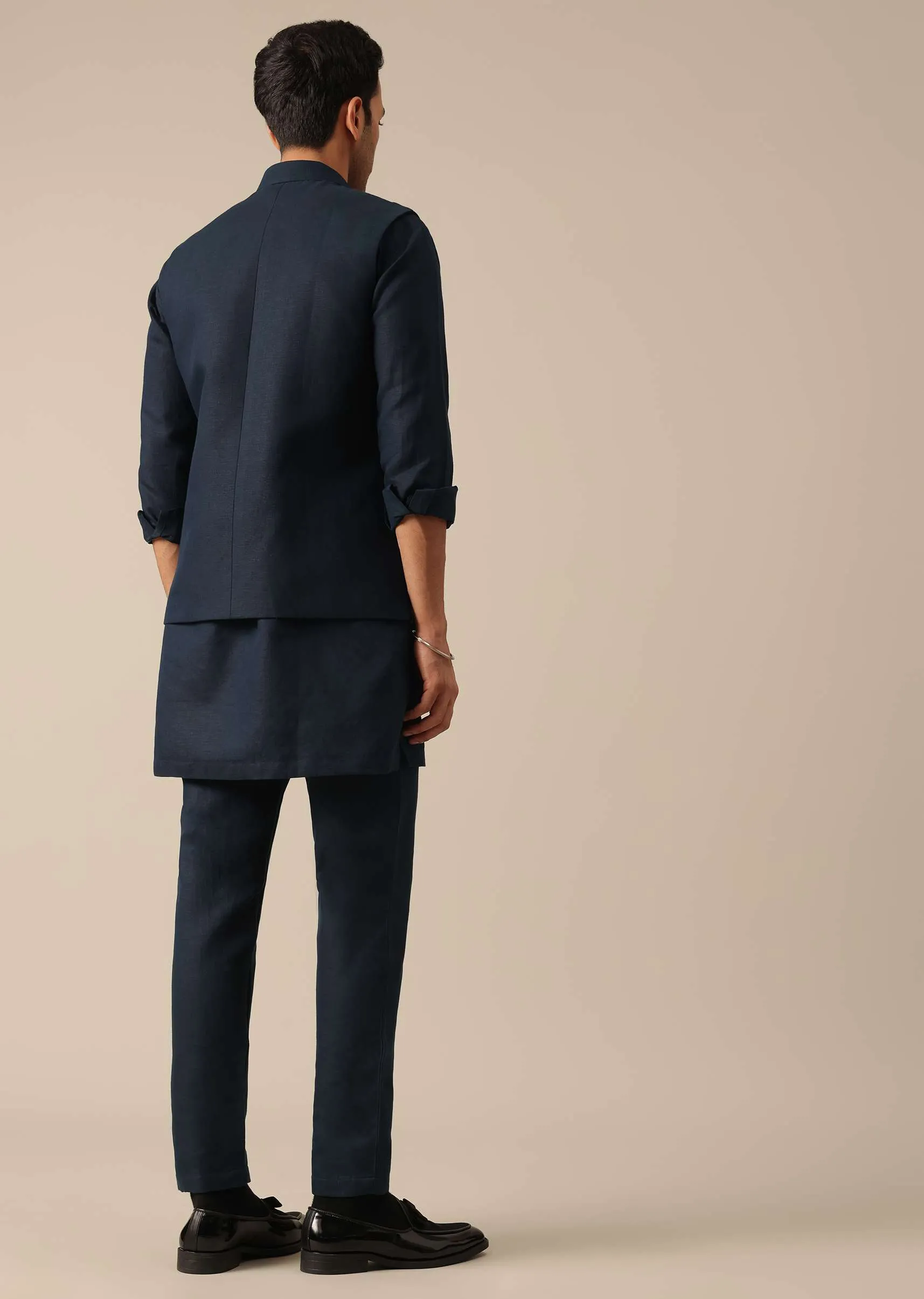 Navy Blue Embroidered Jacket Kurta Set In Linen
