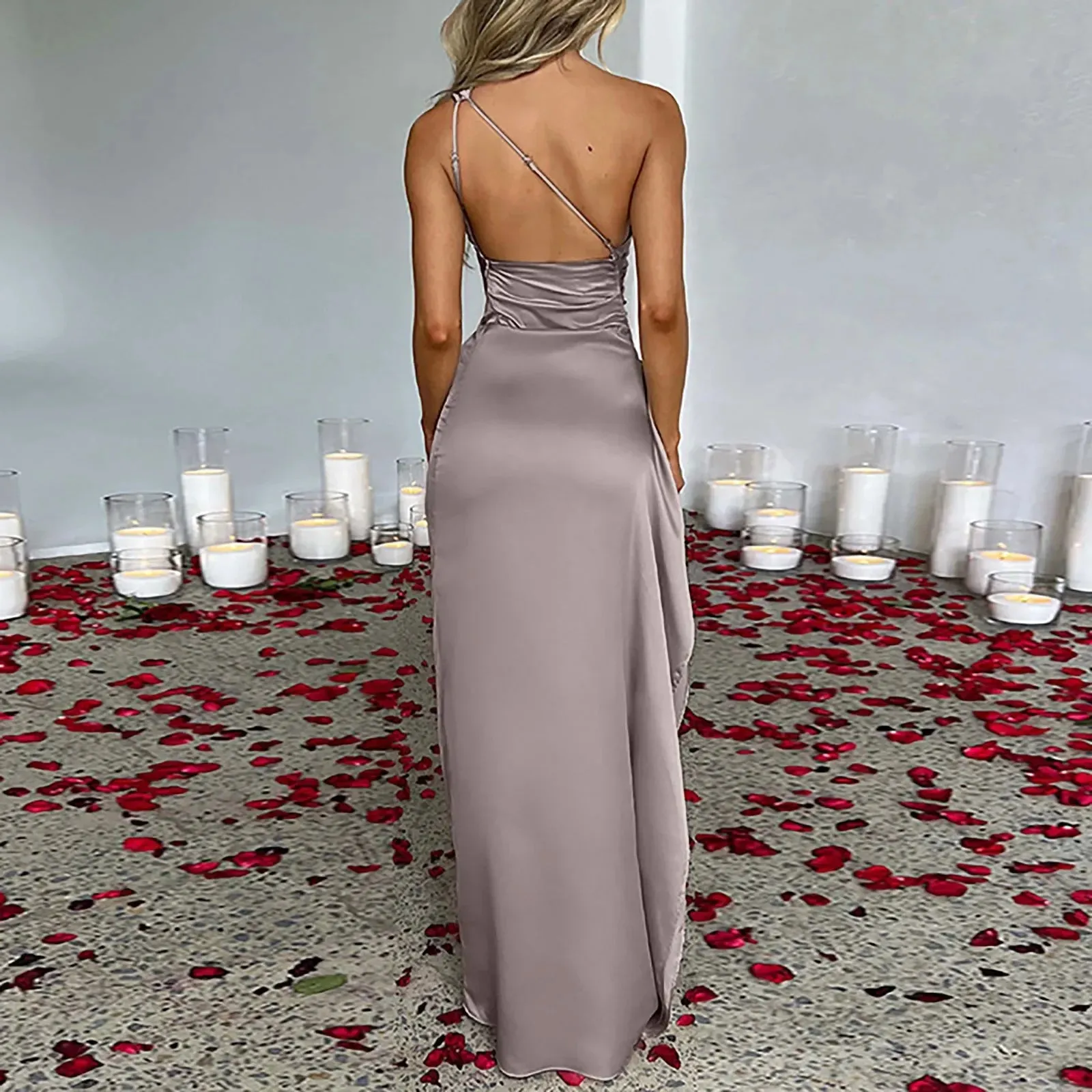One Shoulder Shinning Silver Gray Slit Party Dress
