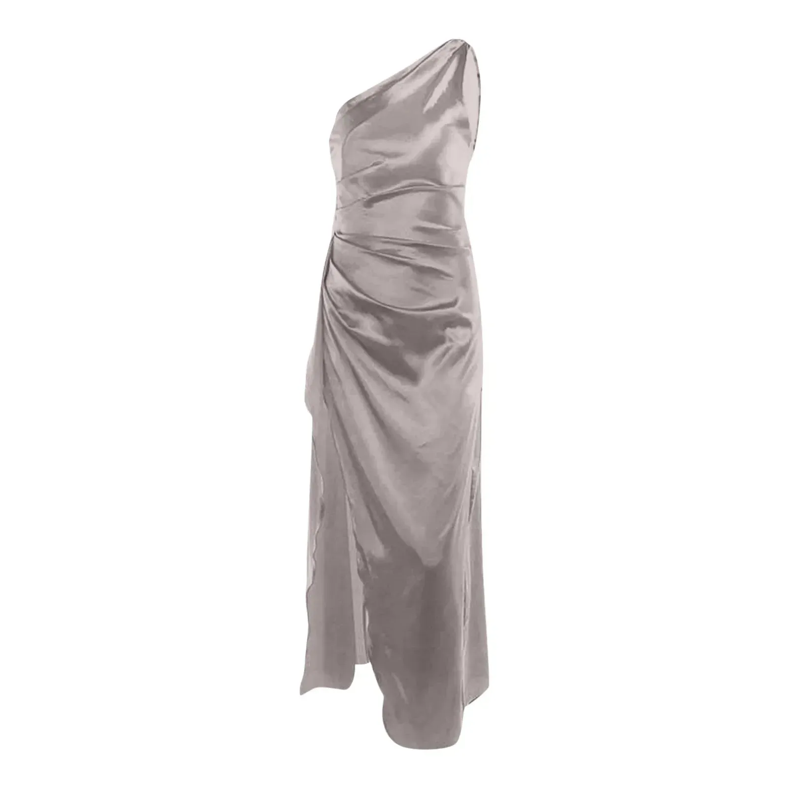 One Shoulder Shinning Silver Gray Slit Party Dress