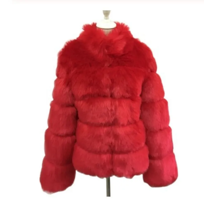 Plush Gray Faux Fox Fur Ladies Stand Collar Coat