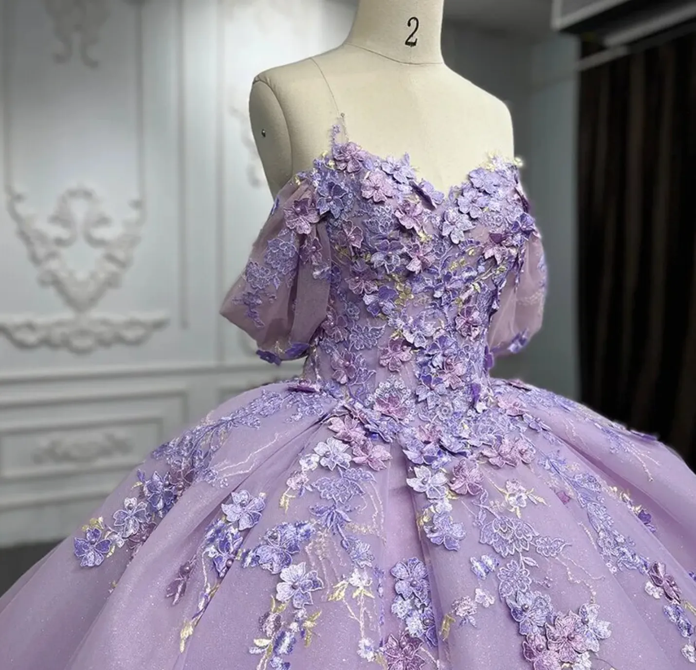 Purple Quinceanera Flower Bow Ball Gown Dress