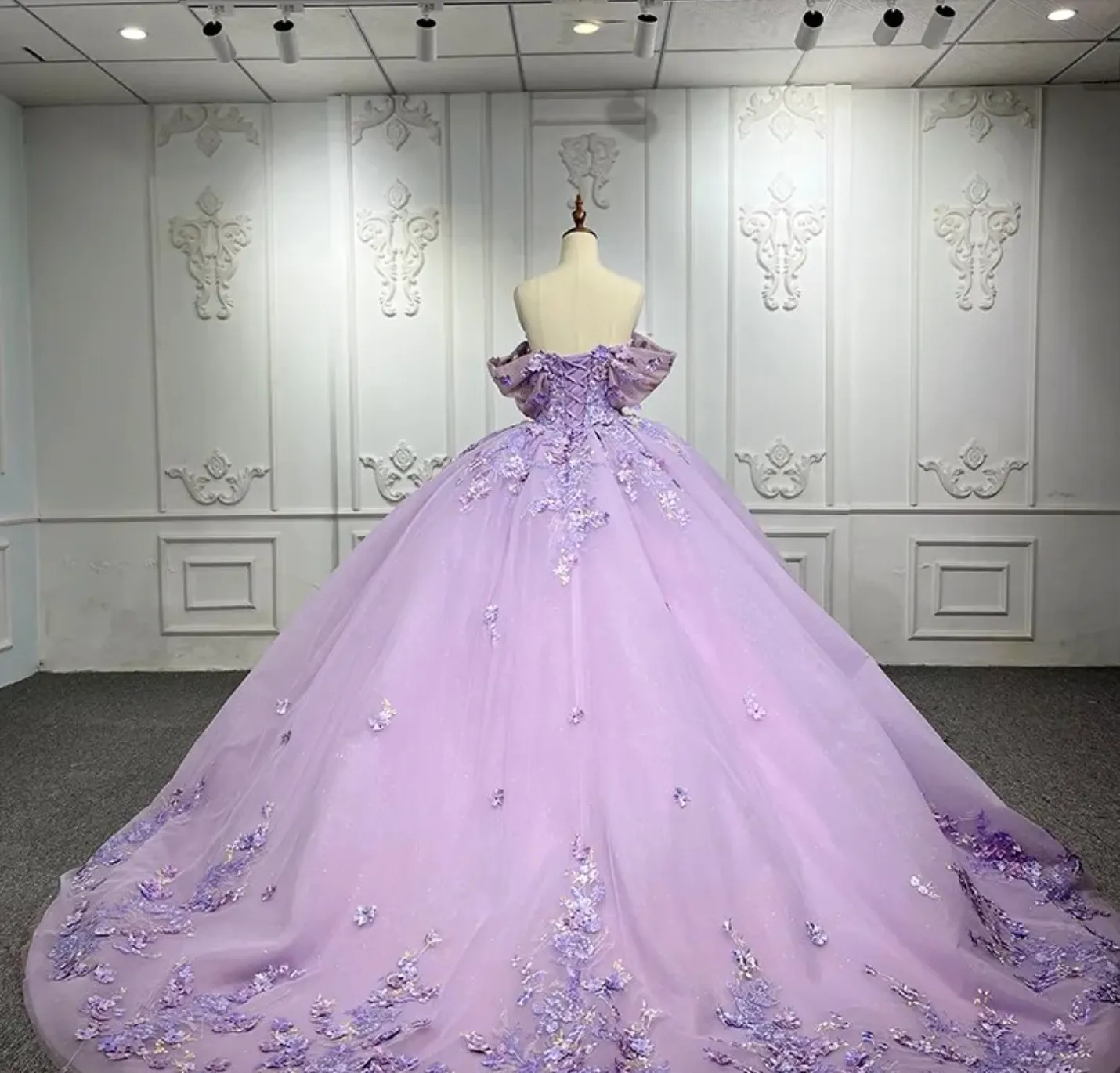 Purple Quinceanera Flower Bow Ball Gown Dress