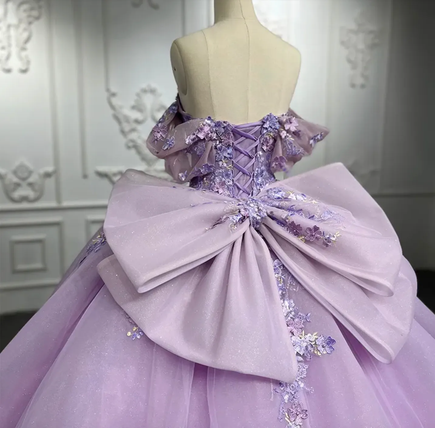 Purple Quinceanera Flower Bow Ball Gown Dress