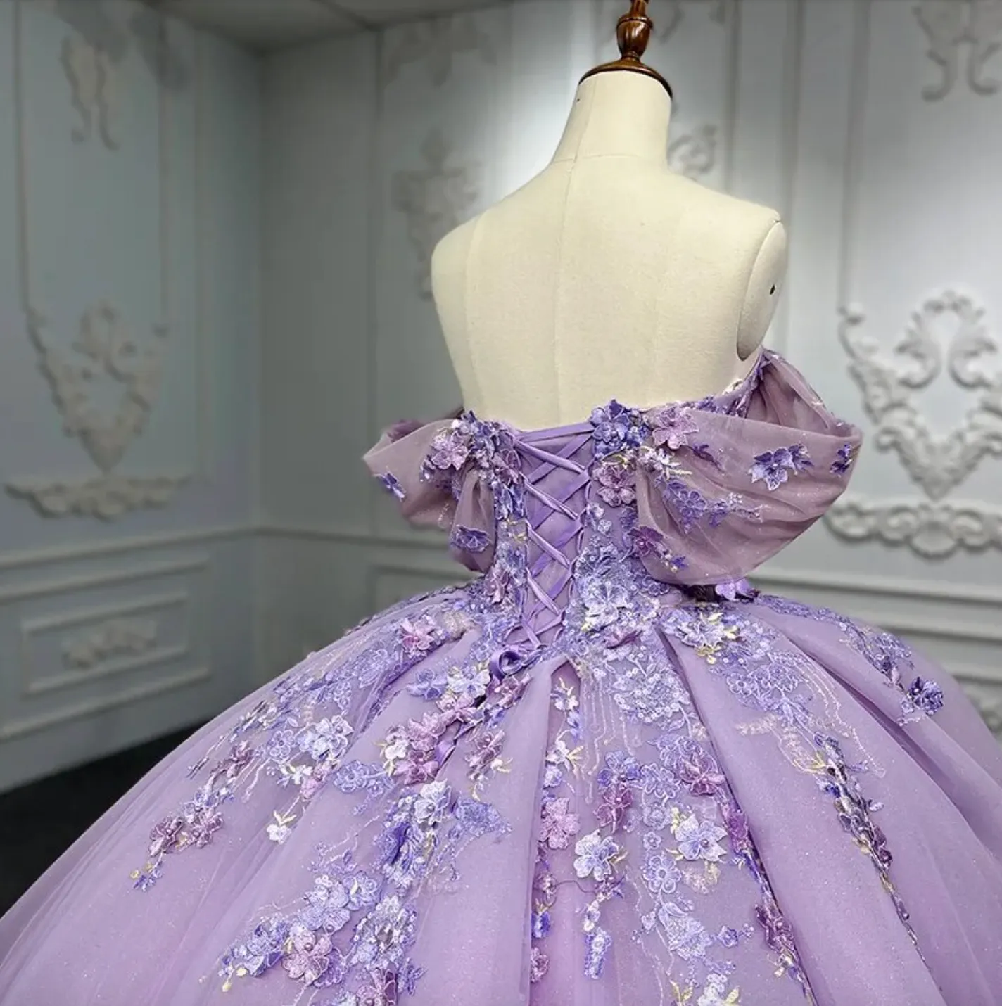 Purple Quinceanera Flower Bow Ball Gown Dress