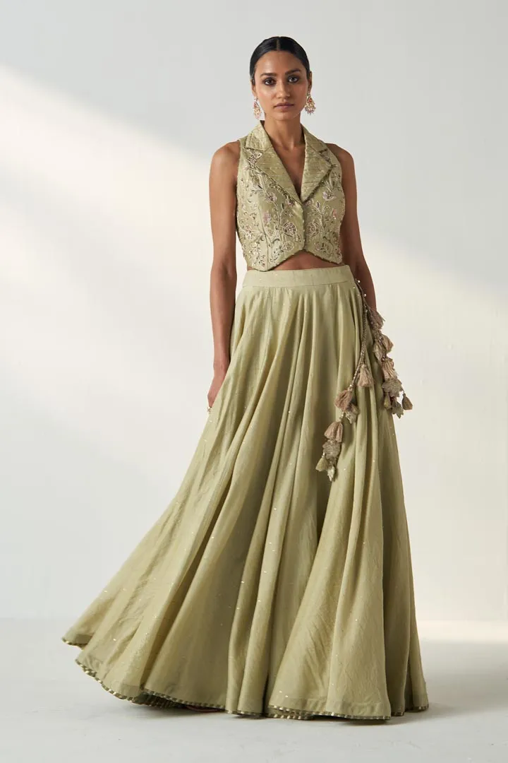 RAJITA GREEN GILET LEHENGA SET