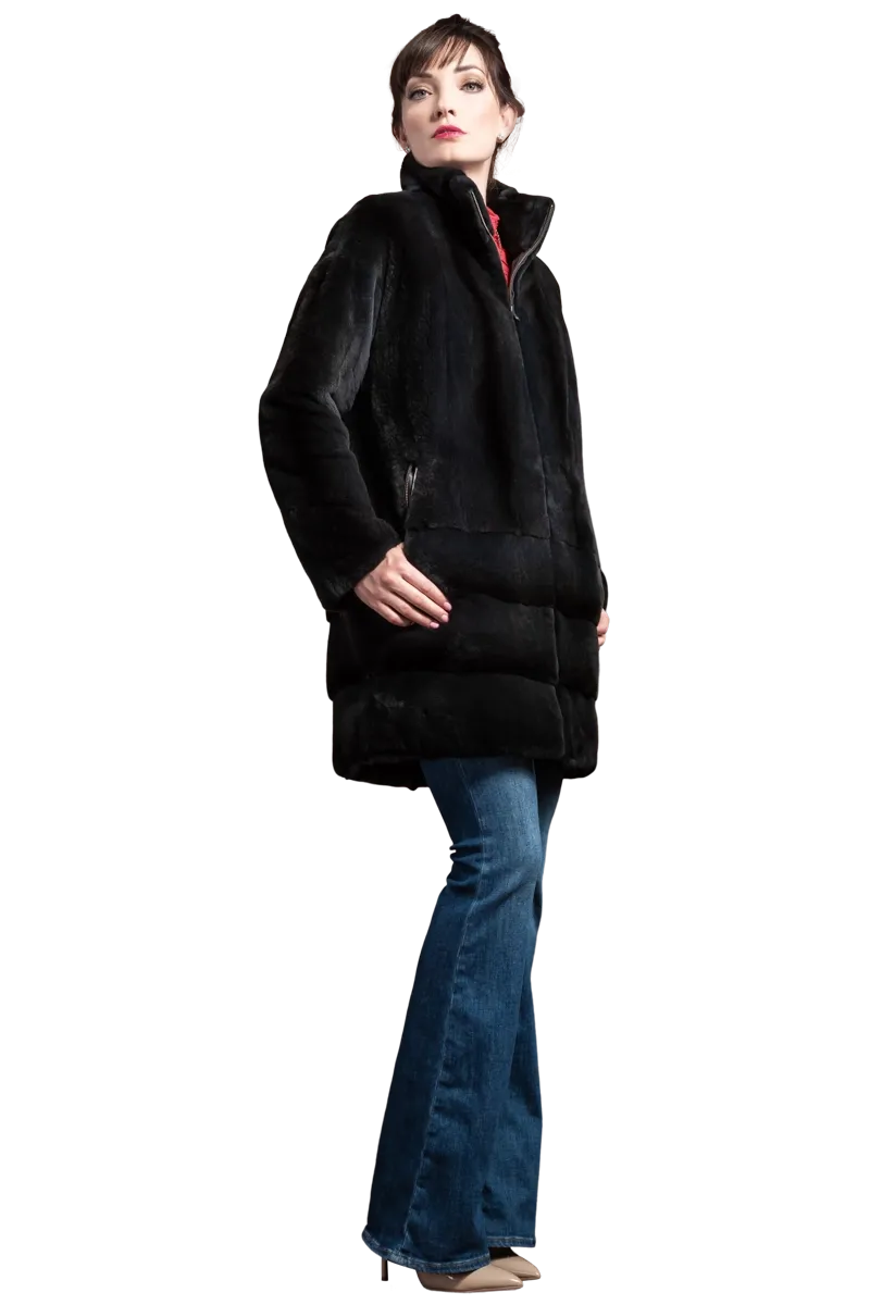 Reversible Stone Blue Striped Mid Length Plucked Mink Fur Coat