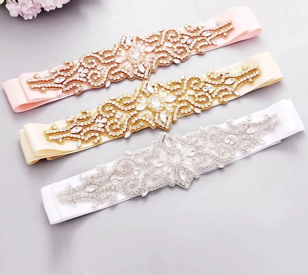 Rhinestones Bridal Belt with Ribbon Wedding Dress Belt Accessory