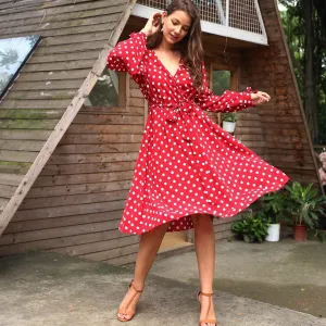 Self Tie Polka Dot Surplice Dress