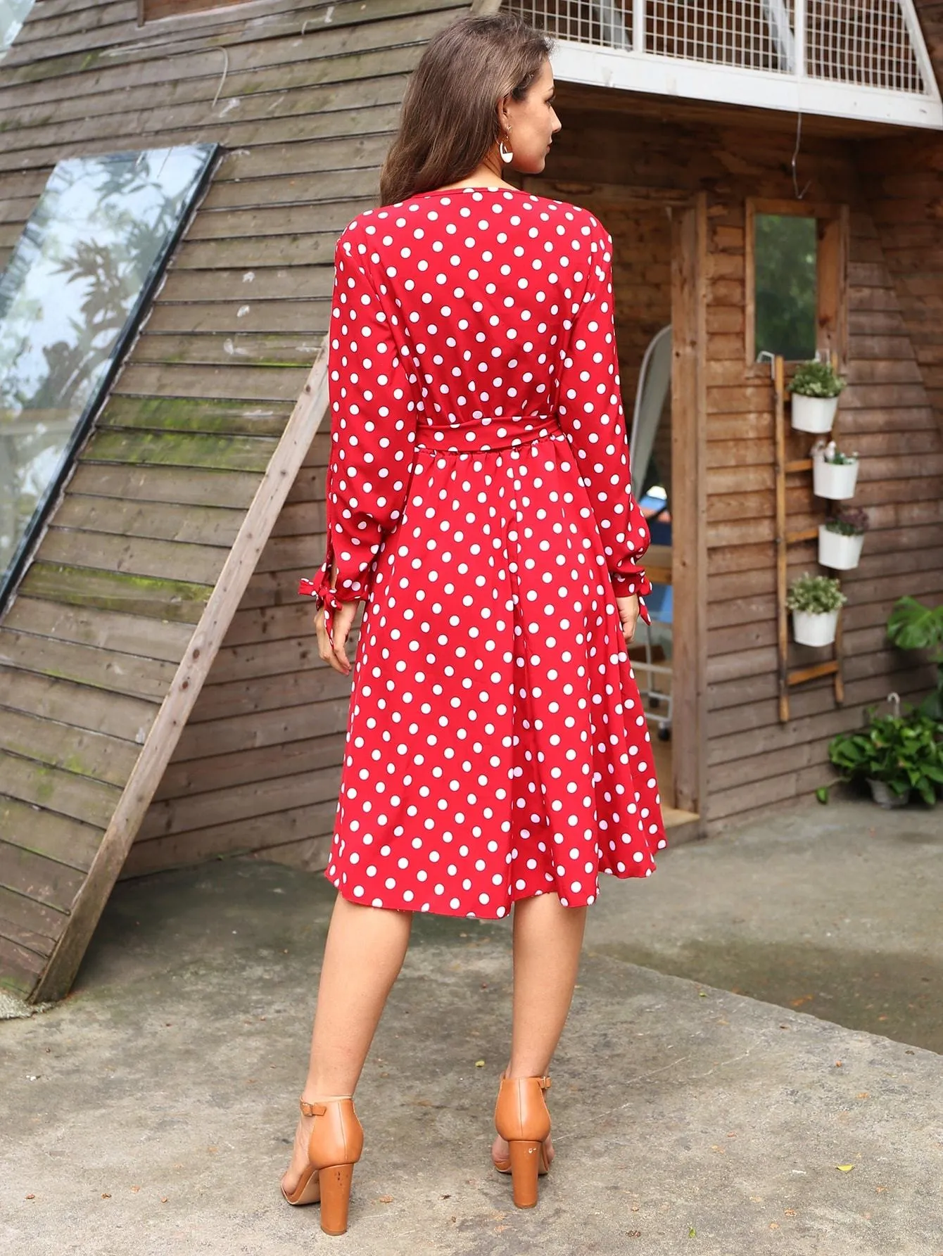 Self Tie Polka Dot Surplice Dress