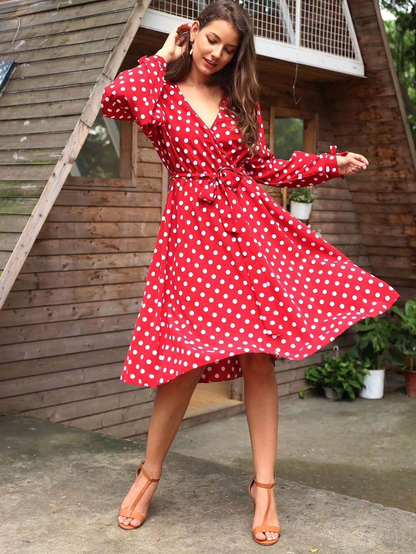 Self Tie Polka Dot Surplice Dress
