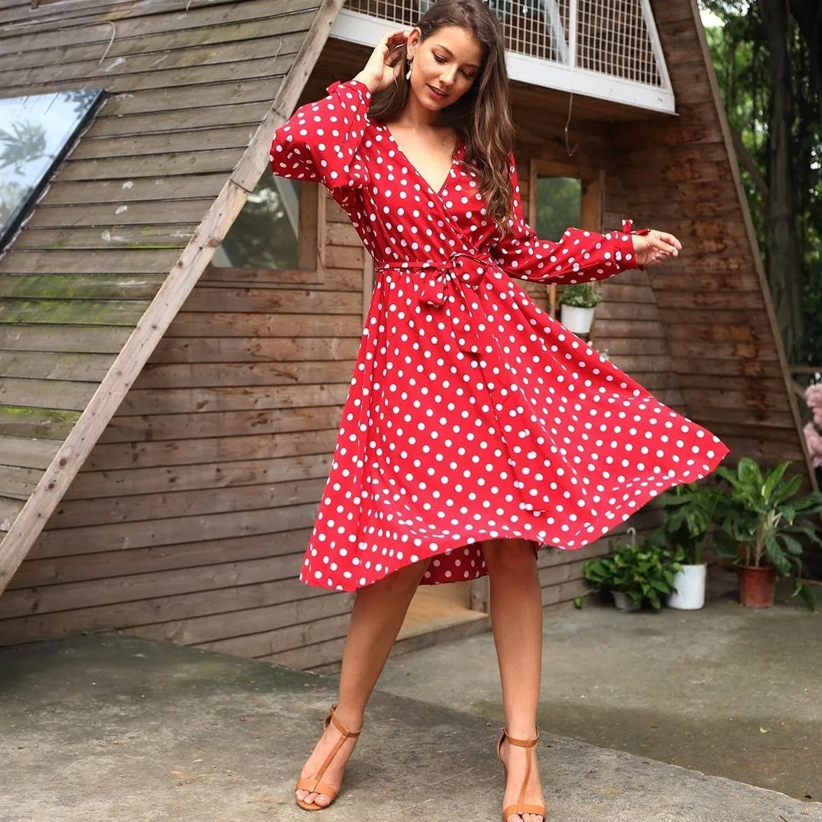 Self Tie Polka Dot Surplice Dress