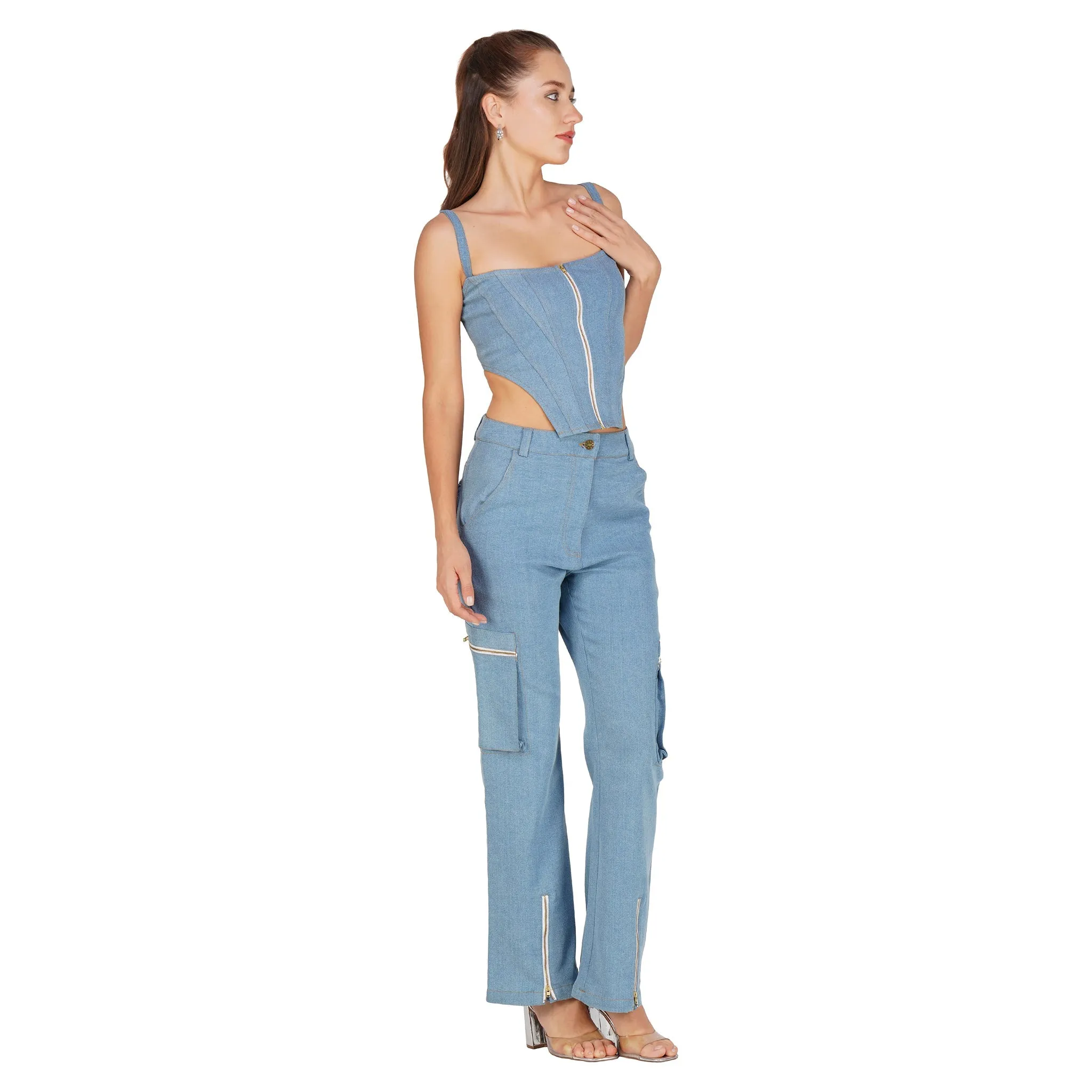 SLAY. Women's Light Blue Enzyme Wash Denim Zip up Corset(Stretch Fabric)