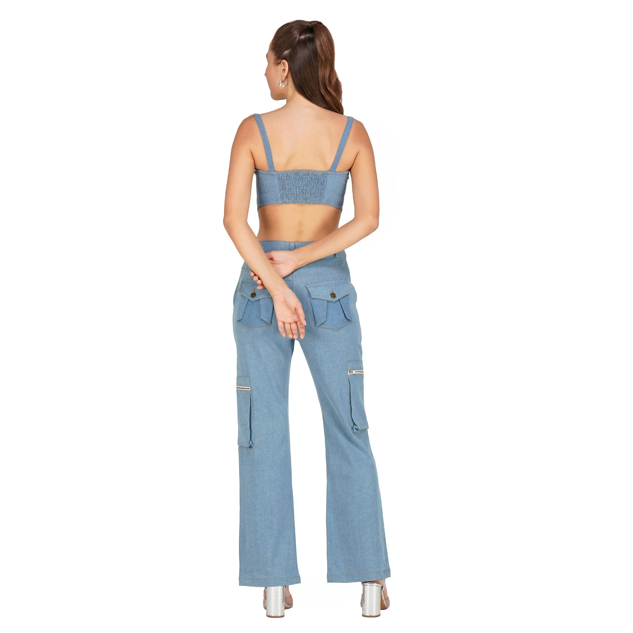 SLAY. Women's Light Blue Enzyme Wash Denim Zip up Corset(Stretch Fabric)