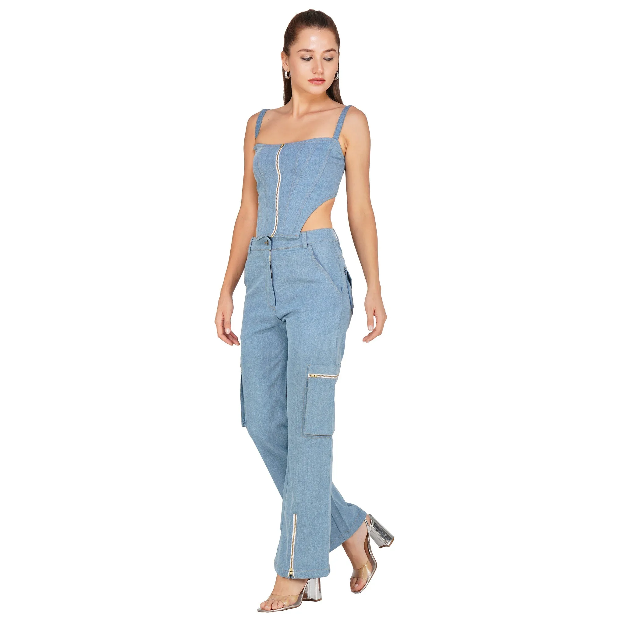 SLAY. Women's Light Blue Enzyme Wash Denim Zip up Corset(Stretch Fabric)