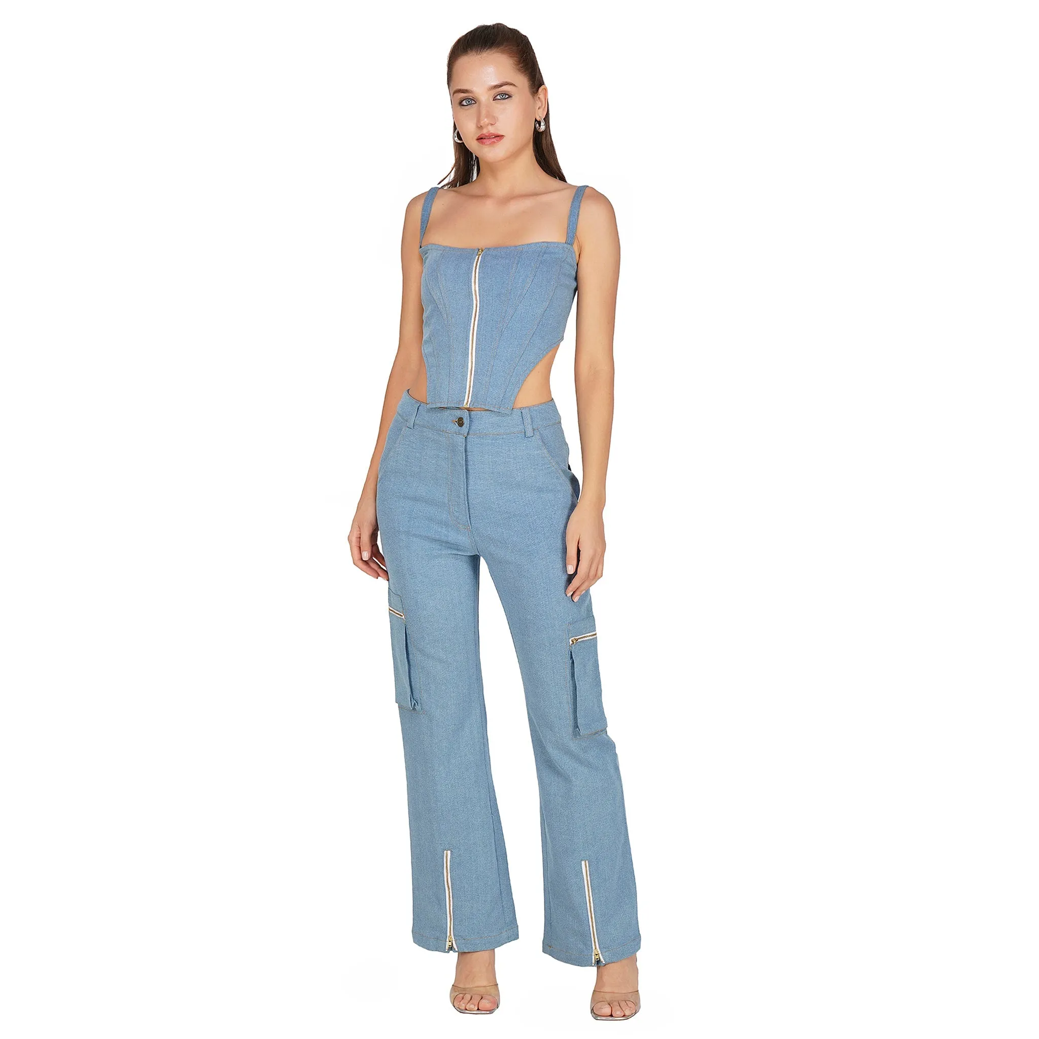 SLAY. Women's Light Blue Enzyme Wash Denim Zip up Corset(Stretch Fabric)