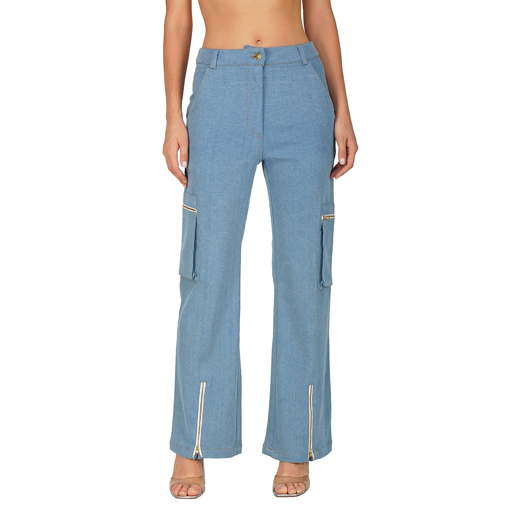 SLAY. Women's Light Blue Enzyme Wash Denim Zip up Corset(Stretch Fabric)