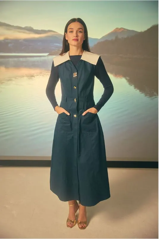 Structured Wide Collar Dress with Gold Statement Buttons