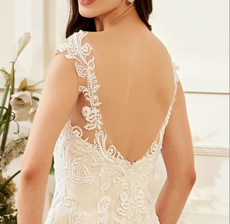 Stunning Illusion Lace Bateau Neckline With Cap Sleeve Wedding Gown