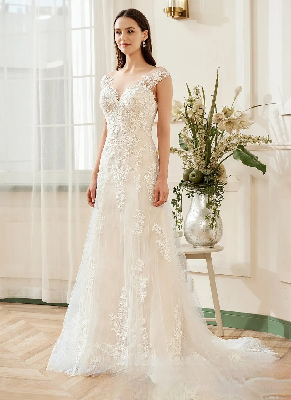 Stunning Illusion Lace Bateau Neckline With Cap Sleeve Wedding Gown