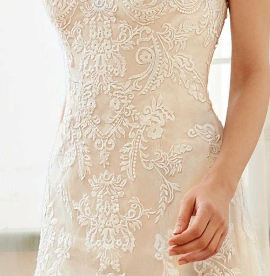 Stunning Illusion Lace Bateau Neckline With Cap Sleeve Wedding Gown