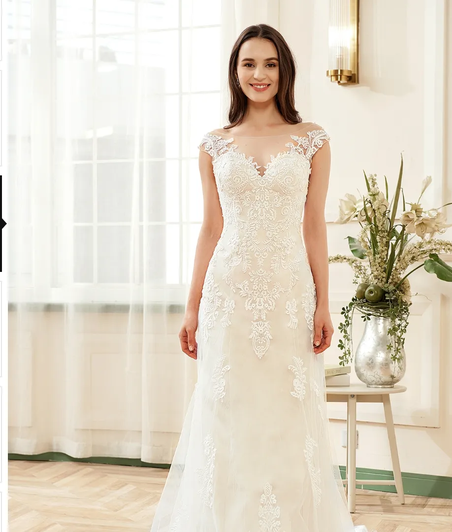 Stunning Illusion Lace Bateau Neckline With Cap Sleeve Wedding Gown