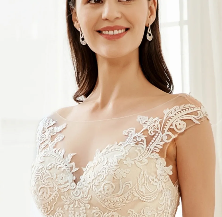 Stunning Illusion Lace Bateau Neckline With Cap Sleeve Wedding Gown