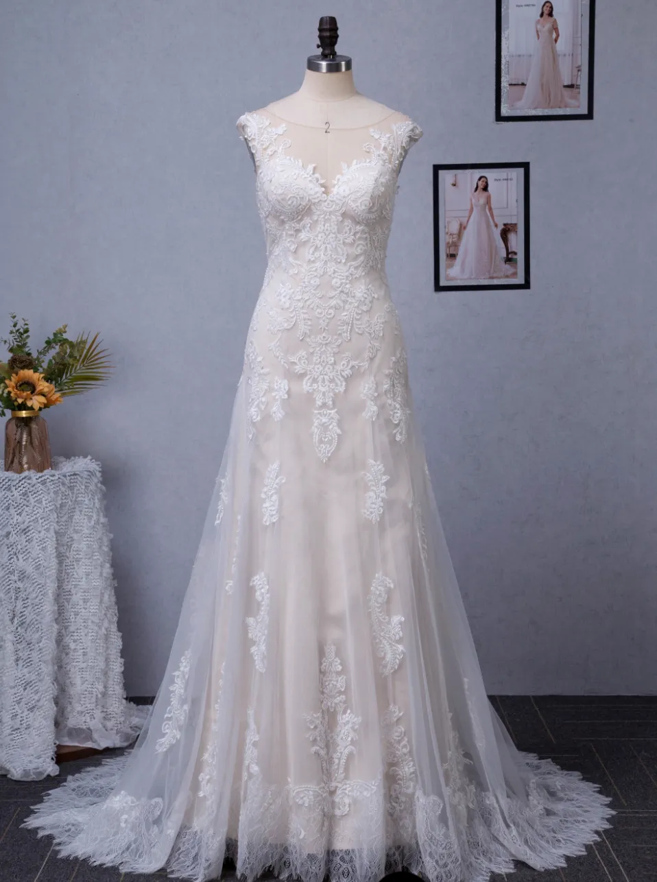 Stunning Illusion Lace Bateau Neckline With Cap Sleeve Wedding Gown