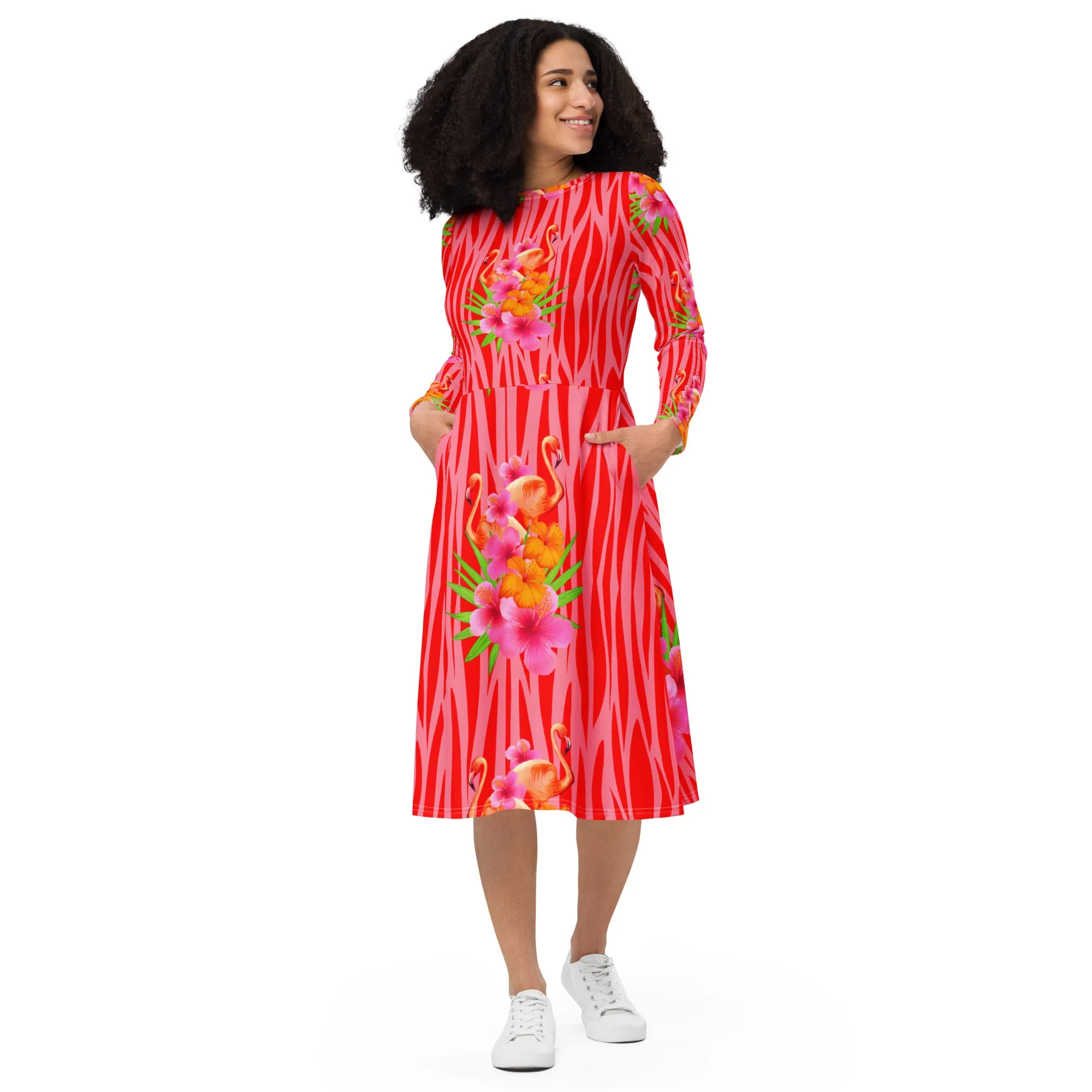 Tropique Flamingos Long Sleeve Midi Dress