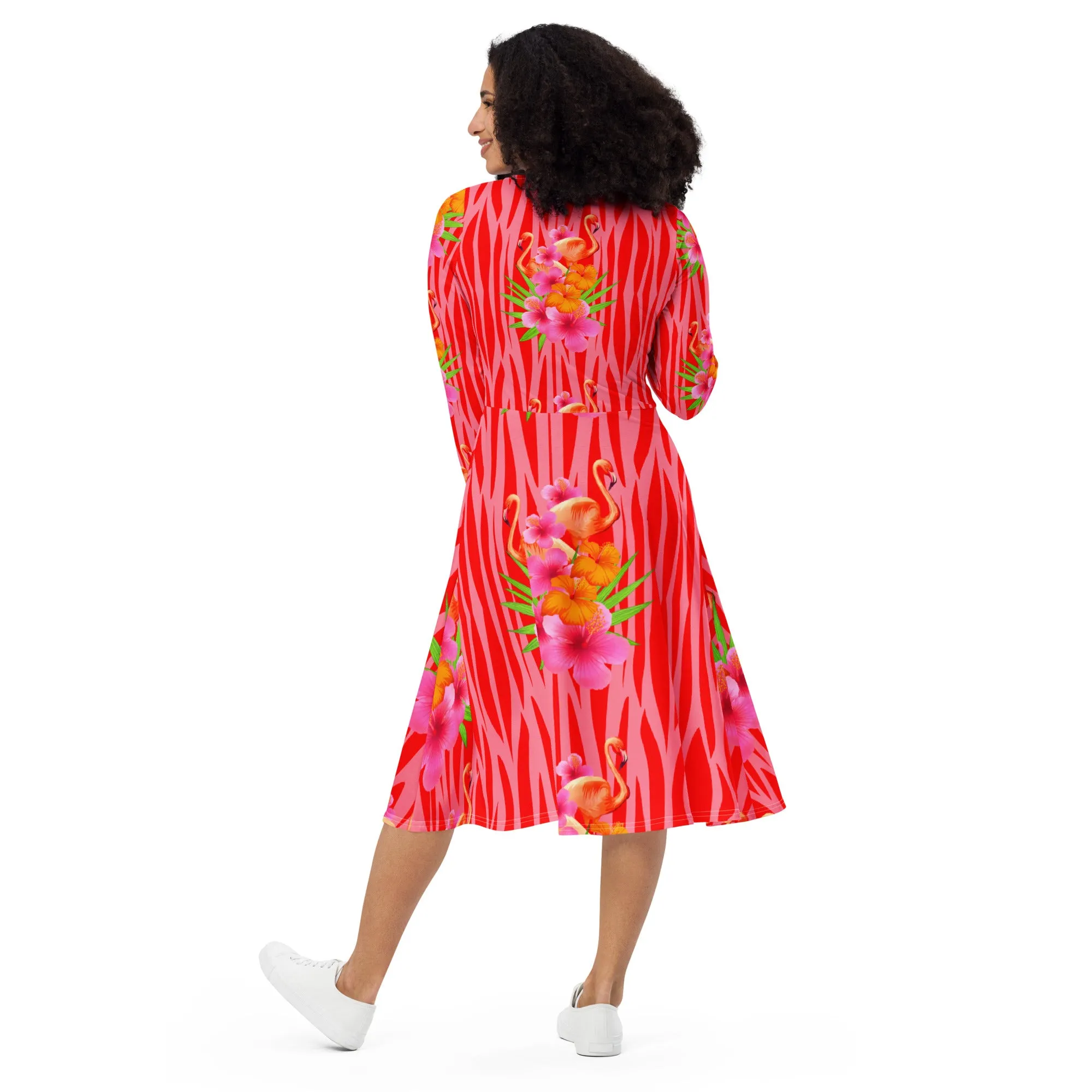 Tropique Flamingos Long Sleeve Midi Dress