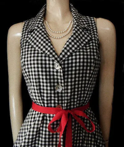 *VINTAGE-LOOK COLDWATER CREEK BLACK & WHITE CHECKED SWING DRESS WITH SCARLET RIBBON BELT