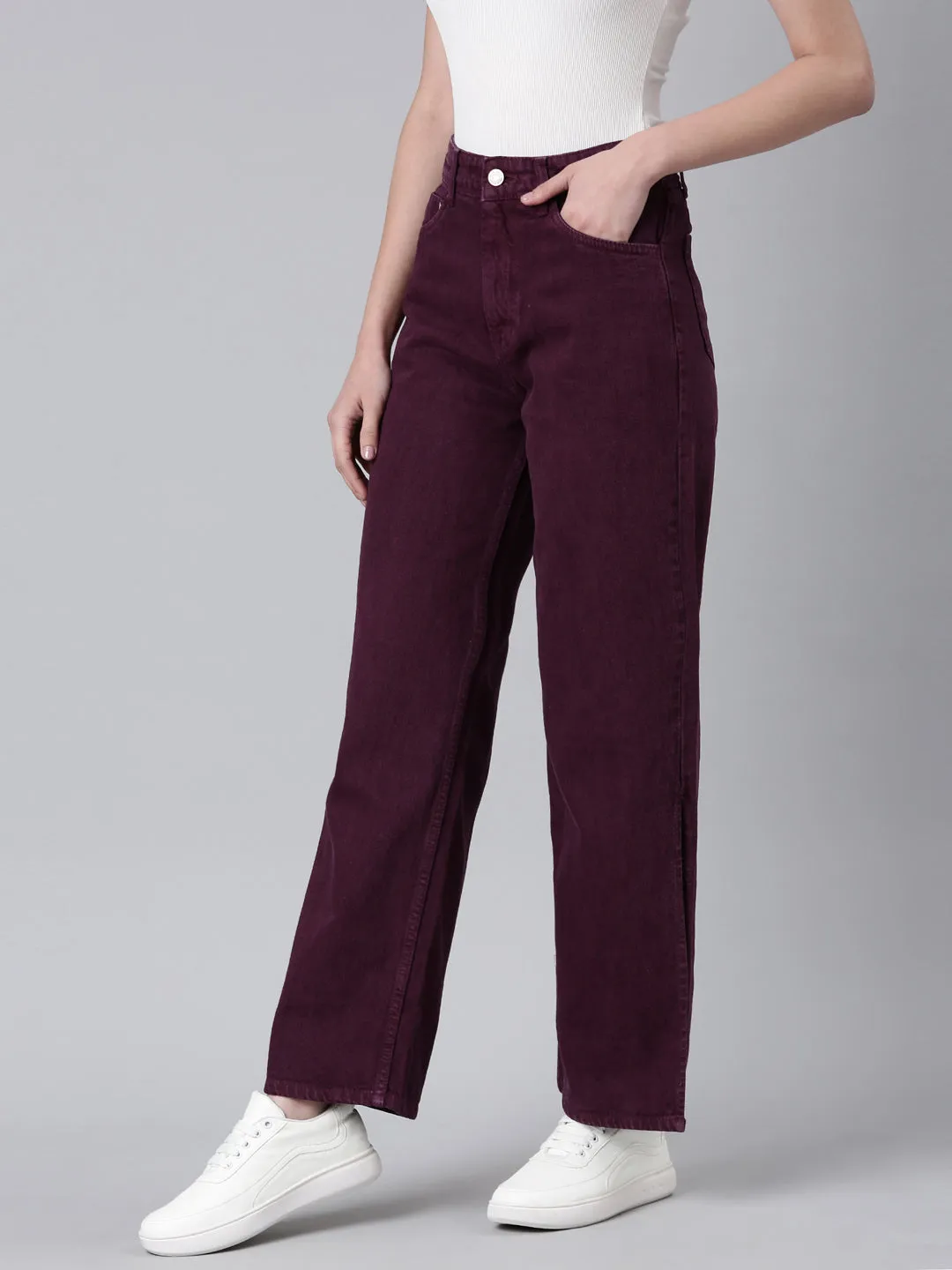 Women Magenta Solid Wide Leg Denim Jeans