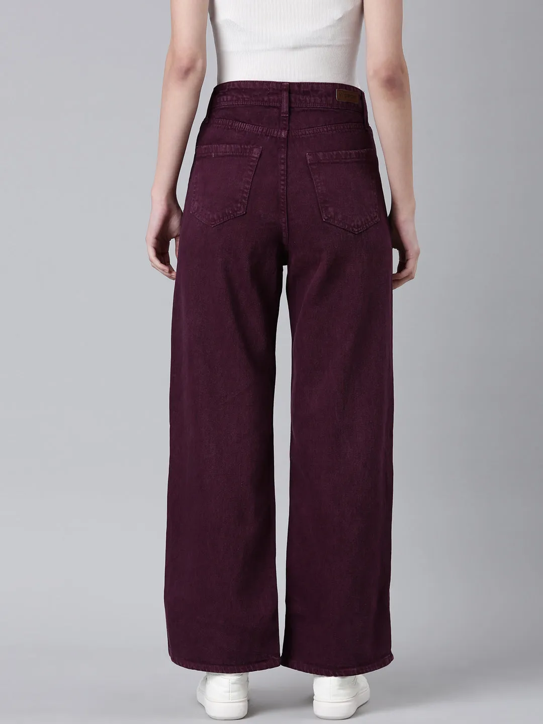 Women Magenta Solid Wide Leg Denim Jeans