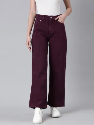 Women Magenta Solid Wide Leg Denim Jeans