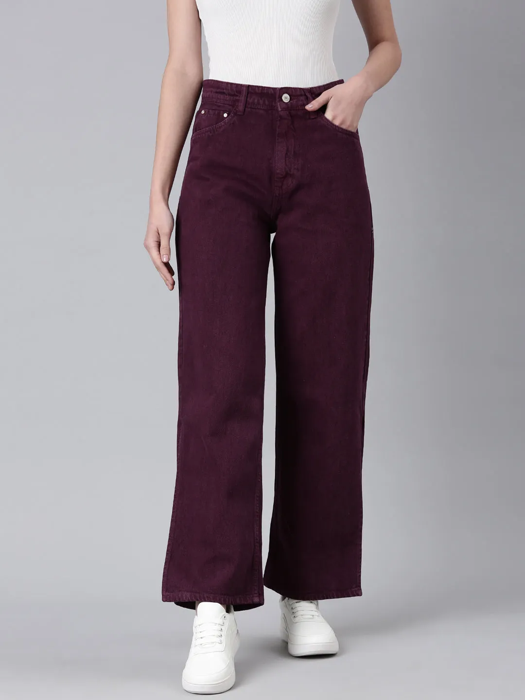 Women Magenta Solid Wide Leg Denim Jeans