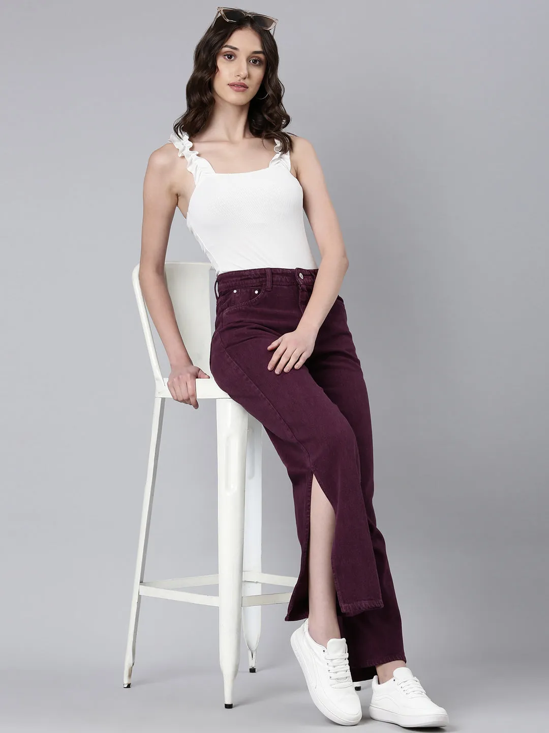 Women Magenta Solid Wide Leg Denim Jeans