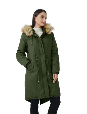 Women's Armey Green Medium Winter Long Hooded Thickened Sherpa Fleece