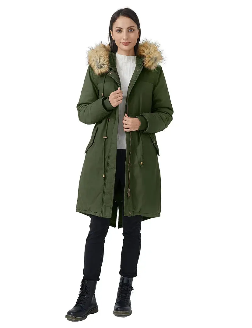 Women's Armey Green Medium Winter Long Hooded Thickened Sherpa Fleece