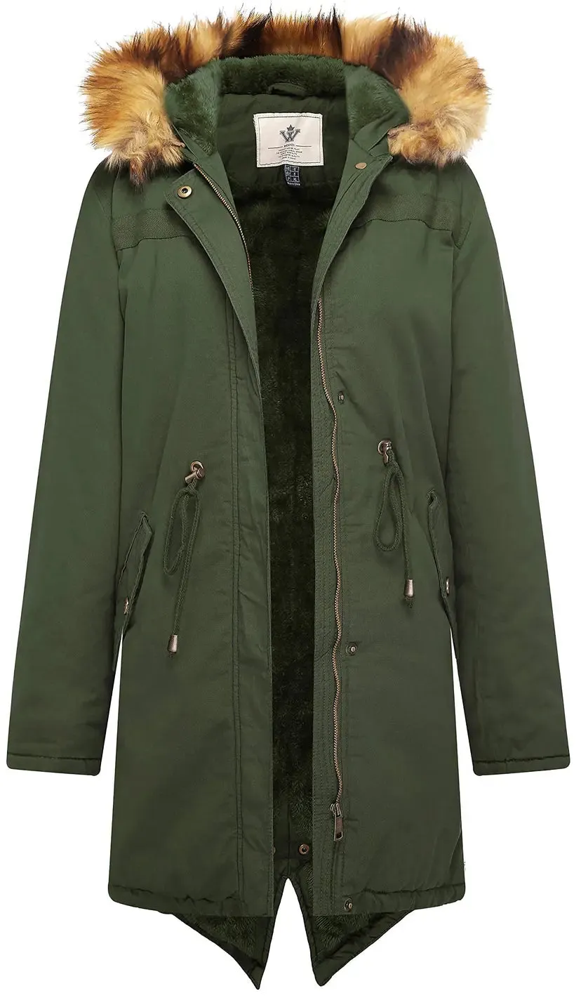 Women's Armey Green Medium Winter Long Hooded Thickened Sherpa Fleece