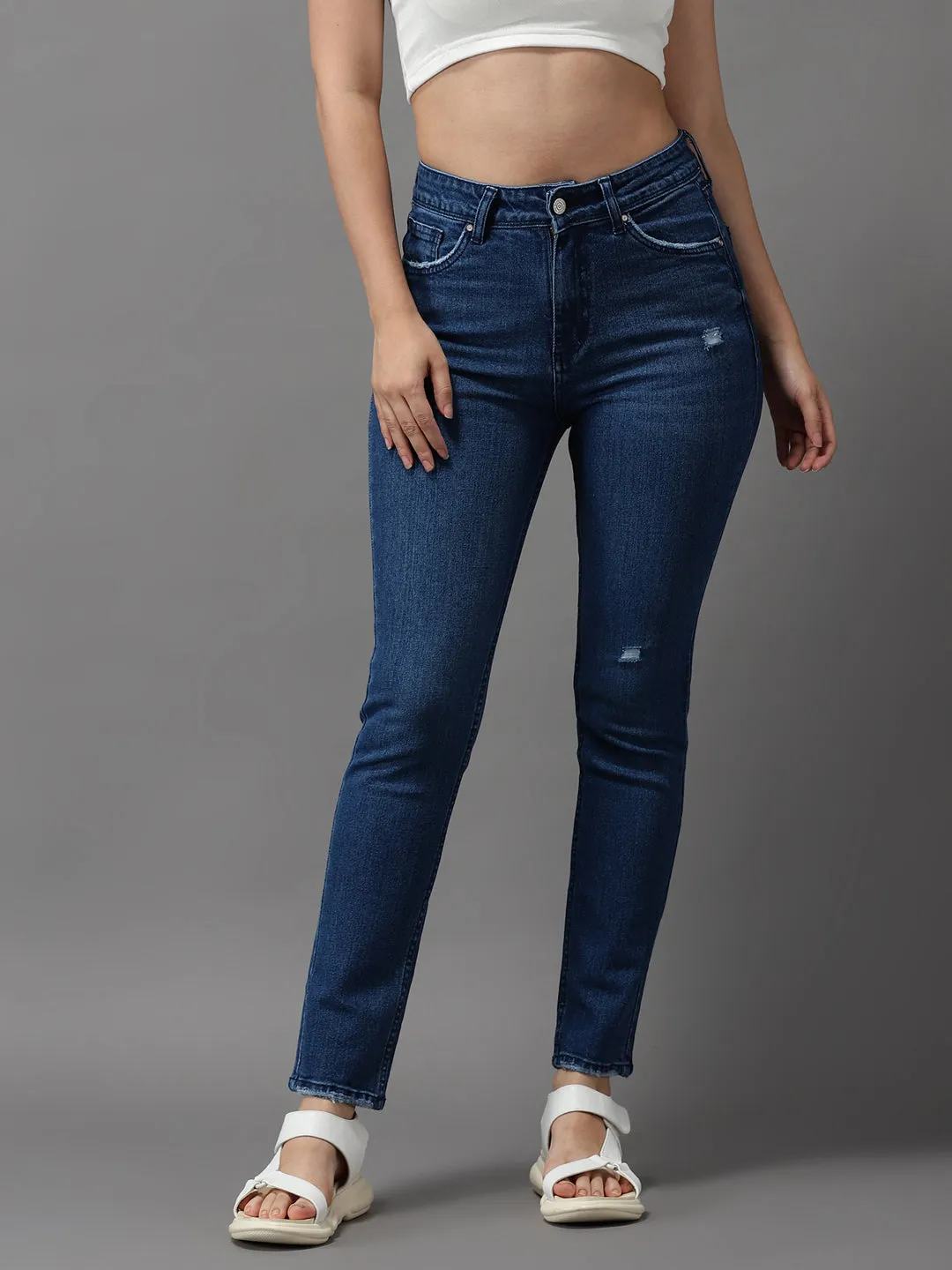 Women's Navy Blue Solid Slim Fit Denim Jeans