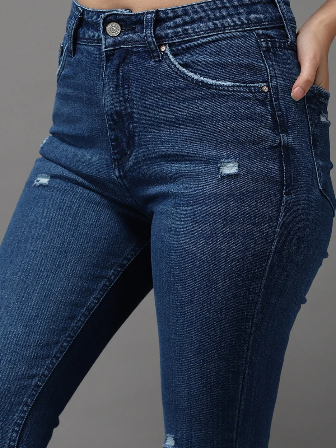 Women's Navy Blue Solid Slim Fit Denim Jeans