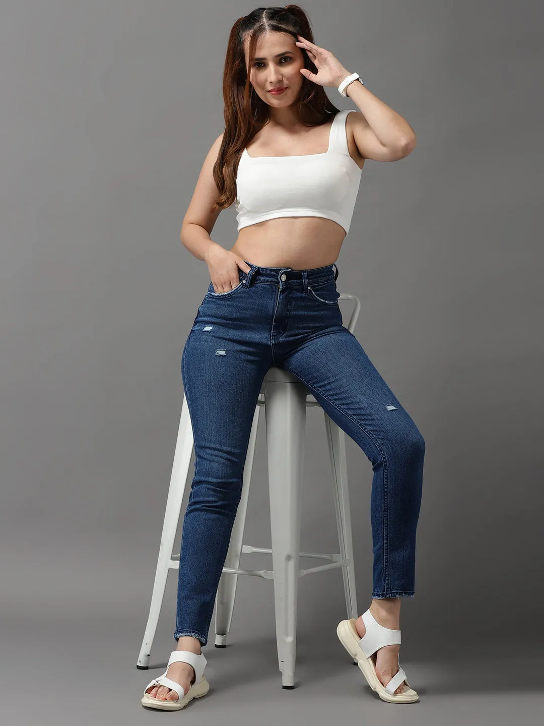 Women's Navy Blue Solid Slim Fit Denim Jeans
