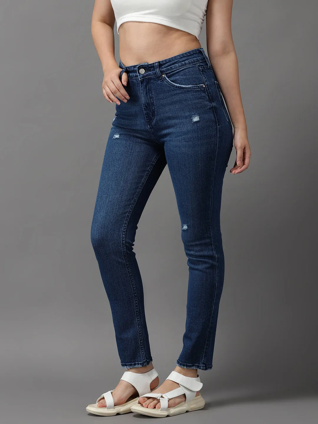 Women's Navy Blue Solid Slim Fit Denim Jeans